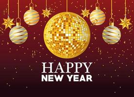 happy new year lettering with mirrors balls disco vector