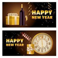 happy new year golden letterings with champagne and watch vector