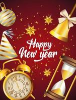 happy new year lettering with golden set icons vector