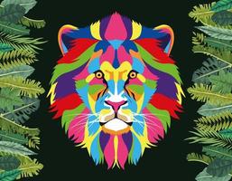 lion wild life technicolor with leafs frame vector