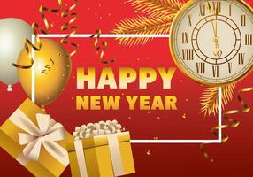 happy new year golden watch with gifts and balloons helium in square frame vector