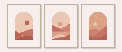 Contemporary modern minimalist abstract mountain landscapes aesthetic illustrations Bohemian style wall decor Collection of mid century artistic prints vector