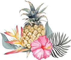 Pineapple and hibiscus composition with watercolor 2 vector