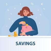 Happy woman throws euro coins into a piggy bank vector