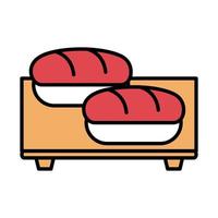 sushi menú oriental salmón en línea de tablero de madera e icono de estilo de relleno vector