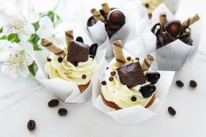 Chocolate cupcakes on white marble background photo