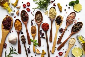 Various spices isolated on white background, top view photo