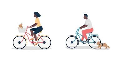 Hombre y mujer afroamericanos en bicicleta con perros conjunto de caracteres detallados vectoriales de color plano