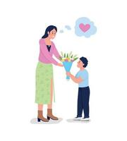Son giving mother flowers flat color vector detailed characters