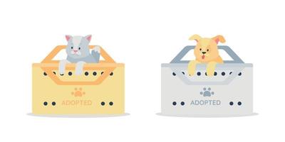 Adopted grey cat and golden dog flat color vector detailed character set