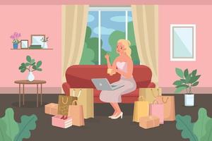 Online shopping from home flat color vector illustration