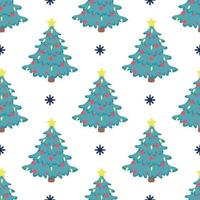 Vector seamless pattern of a Christmas tree with red balloons and a bright yellow star on top on a white background with snowflakes