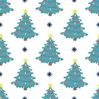 Vector seamless pattern of a Christmas tree with red balloons and a bright yellow star on top on a white background with snowflakes