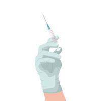 A hand in a rubber medical glove holds the syringe up. Vaccination, injection, medicine, antidote. Vector flat illustration on a white background