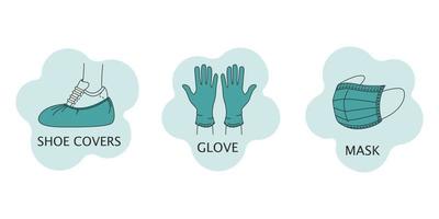 Set of vector icons with individual protection from coronavirus latex gloves, medical mask and Shoe covers. Flat style isolated on a white background