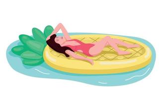 modelo femenino tomando el sol color plano vector personaje sin rostro. colchón de aire en forma de piña. chica de bronceado en la piscina. mujer joven en traje de baño aislado ilustración de dibujos animados