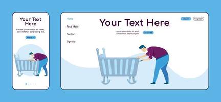 Father fixing cradle adaptive landing page flat color vector template set