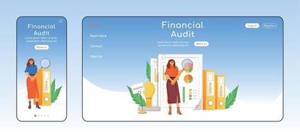 Financial audit adaptive landing page flat color vector template set