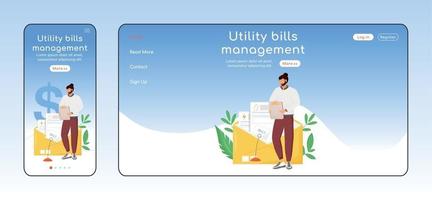 Utility bills management adaptive landing page flat color vector template set