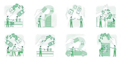 NFC technologies benefits thin line concept vector illustrations set