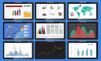 Various monitors display graphs and charts. In business analysis vector