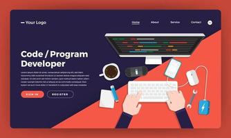 Mock-up design website flat design concept coding and programming developer.  Vector illustration.