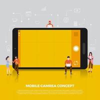 concepto de diseño plano cámara móvil. Las personas del grupo desarrollan un dispositivo móvil con cámara de icono. ilustrar el vector. vector