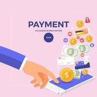 Flat design concept online payment with click on mobile. Vector illustrate.