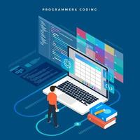 Isometric flat design concept programmer and coding. Vector illustration. Website layout design.