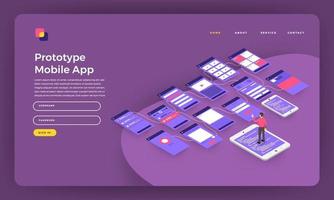 Mock-up design website flat design concept landing page prototype mobile application wireframe screen on smartphone. Vector illustration.