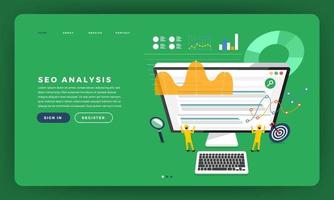 Mock-up design website flat design concept SEO analysis with graph and chart on team developer building a rank website on desktop. Vector illustration.