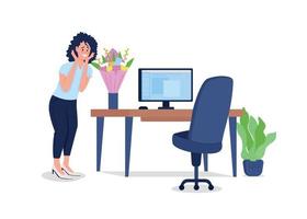 Woman surprised by bouquet at workplace flat color vector detailed character