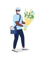 African american delivery man with flowers in face mask flat color vector detailed character