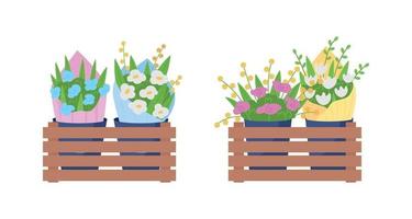 Bouquets on shelves flat color vector object set