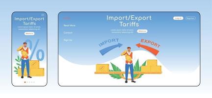 Import and export tariffs adaptive landing page flat color vector template