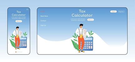 Tax calculator adaptive landing page flat color vector template. Bills payment mobile and PC homepage layout. Taxpayers tool one page website UI. Financial literacy webpage cross platform design