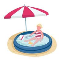 niña jugando con juguetes en vector de color plano de piscina inflable