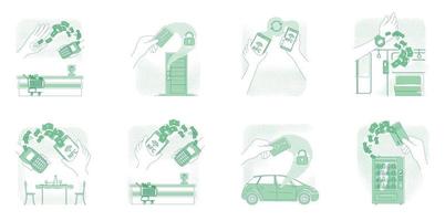 NFC tech, smart devices thin line concept vector illustrations set