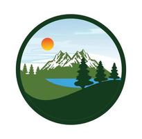 Mountain landscape with trees, sky, sun, pine, spruces, ocean design vector