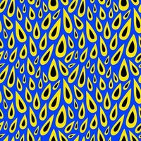 Seamless pattern with yellow-black drops on a blue background. Abstract pattern with drops of various shapes. Vector flat illustration