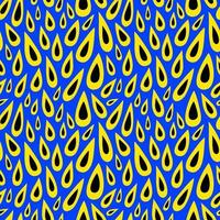 Seamless pattern with yellow-black drops on a blue background. Abstract pattern with drops of various shapes. Vector flat illustration