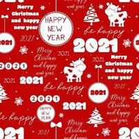 Seamless new year 2021 pattern Funny Christmas background with congratulation and funny cow for wrapping vector