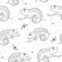 Seamless pattern with cute doodle chameleons with insects on white background Reptile pattern with doodle chameleons Ideal print for kids clothes and case phone vector