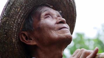 Cerca de un anciano asiático encantado de pie en un jardín y mirando al cielo, los agricultores están contentos con la lluvia según la temporada video