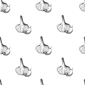 seamless pattern of garlic on a white background. Hand drawn vector illustration. A simple pattern of garlic