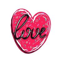 Pink heart in the form of a cupcake. Heart with the inscription love. Hand-drawn vector illustration