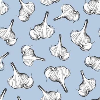 seamless pattern of garlic on a blue background. Design for printing, paper, and textiles. Hand drawn pattern of garlic. Vector illustration