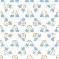 .Abstract rainbow with clouds and raindrops, doodles and circles in a seamless pattern. Childrens pattern in muted pastel colors. Hand-drawn vector illustration. Design for textiles, packaging