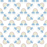 .Abstract rainbow with clouds and raindrops, doodles and circles in a seamless pattern. Childrens pattern in muted pastel colors. Hand-drawn vector illustration. Design for textiles, packaging