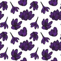 Saffron seamless pattern. Crocus flower on a blue background pattern. Hand-drawn vector illustration